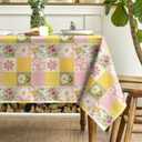 Horaldaily Spring Tablecloth 60×120 Inch Rectangular, Orange Buffalo Plaid Patch-Style Pattern Polka Dot Dasiy Washable Seasonal Table Cover for Party Picnic Dinner Decor