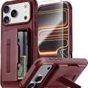 Compatible with iPhone 17 Pro Max Wallet Case with Card Holder (3-5 Cards) | Built-in Screen Protector | Hinge Kickstand | RFID Blocking | Phone Cover Case for Apple 17 ProMax, Wine Red