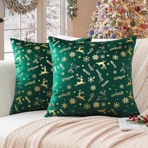 Ohok Set of 2 Christmas Velvet Pillow Covers Hot Foil Stamping Pattern Throw Pillow Covers for Farmhouse Home Decor Sofa Couch Bed Bedroom Living Room (Gold Elk Green, 16x16-Inch) Pack of 2