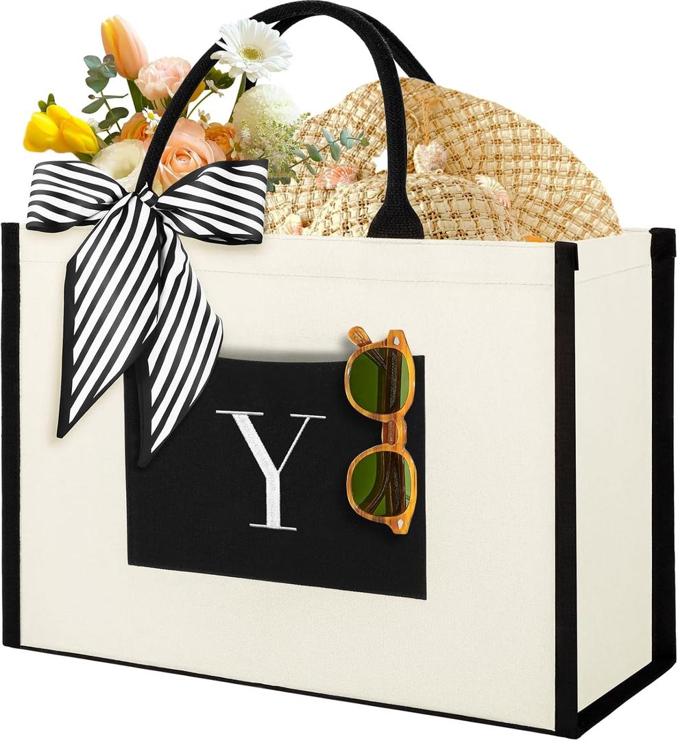 IDEATECH Canvas Tote Bag for Women, Personalized Birthday Gifts for Women, Monogram Beach Tote Bag Great for Wedding, Holiday