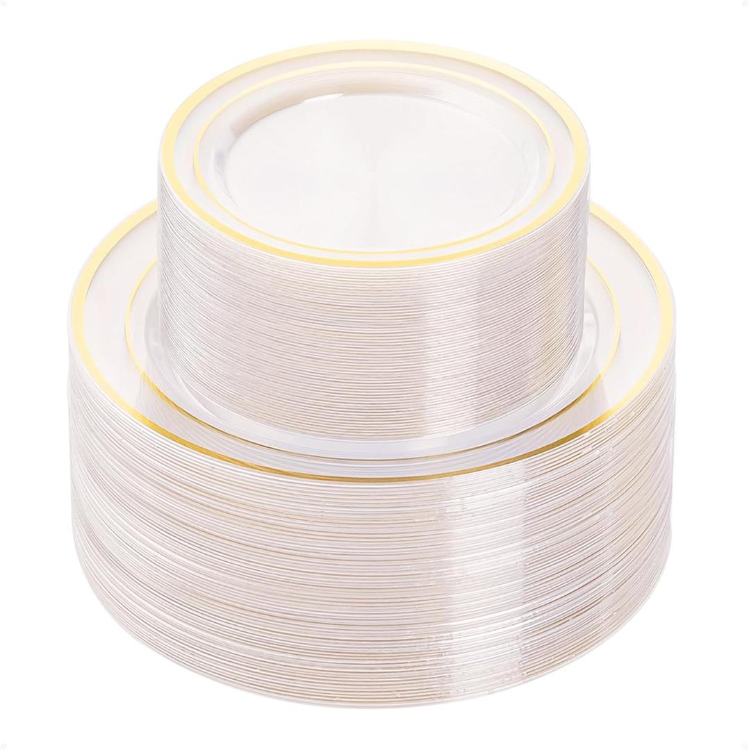 BESTVIP 100PCS Clear Plastic Plate, Disposable Party Plates with 50 Dinner and 50 Dessert Plates, Plastic Plate for Party, Wedding and Birthday