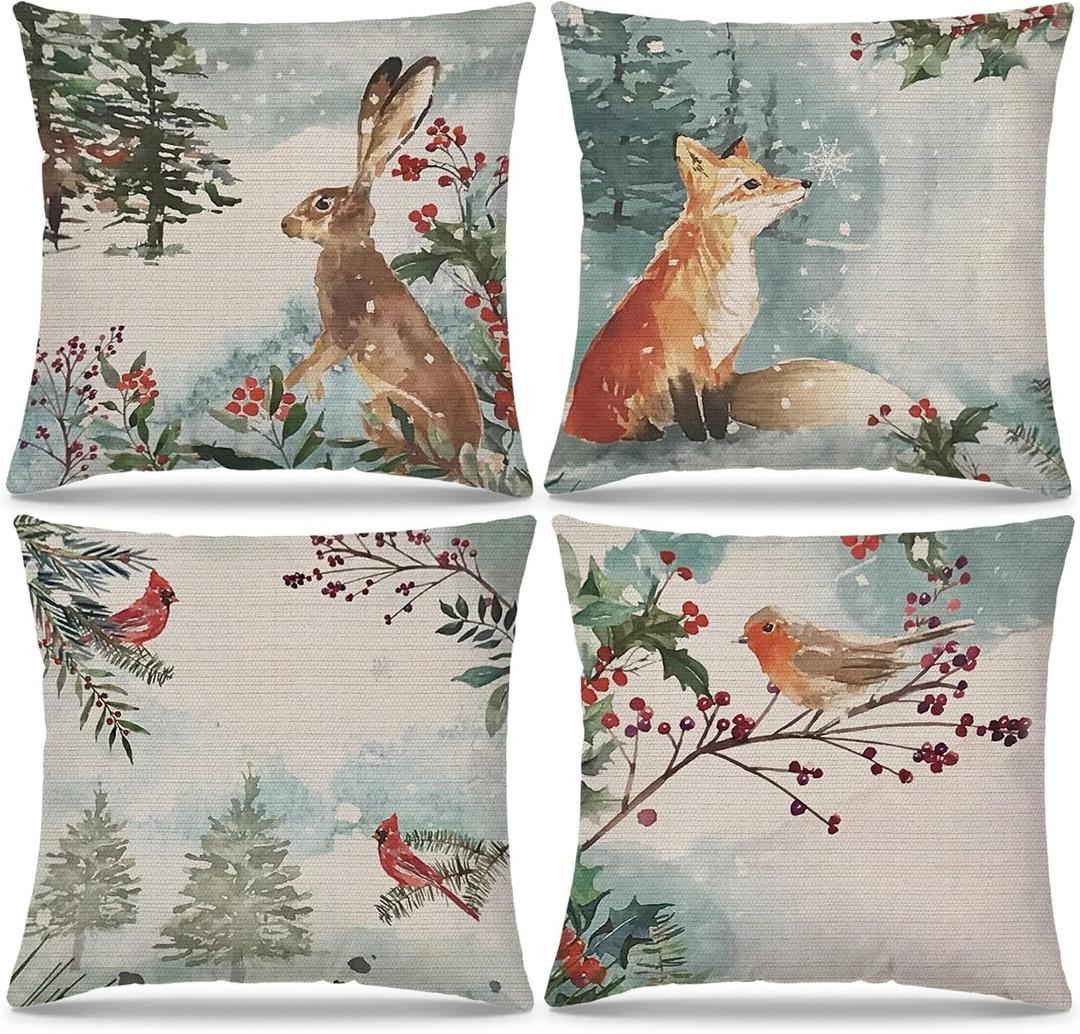 Rustic Farmhouse Winter Animal Bird Fox Rabbit Decorative Throw Pillow Covers Set of 4, Christmas Deer Gifts, Christmas Tree Snowflake Pillow Cases 18 x 18 Inch Kids Room Bed Sofa Decor