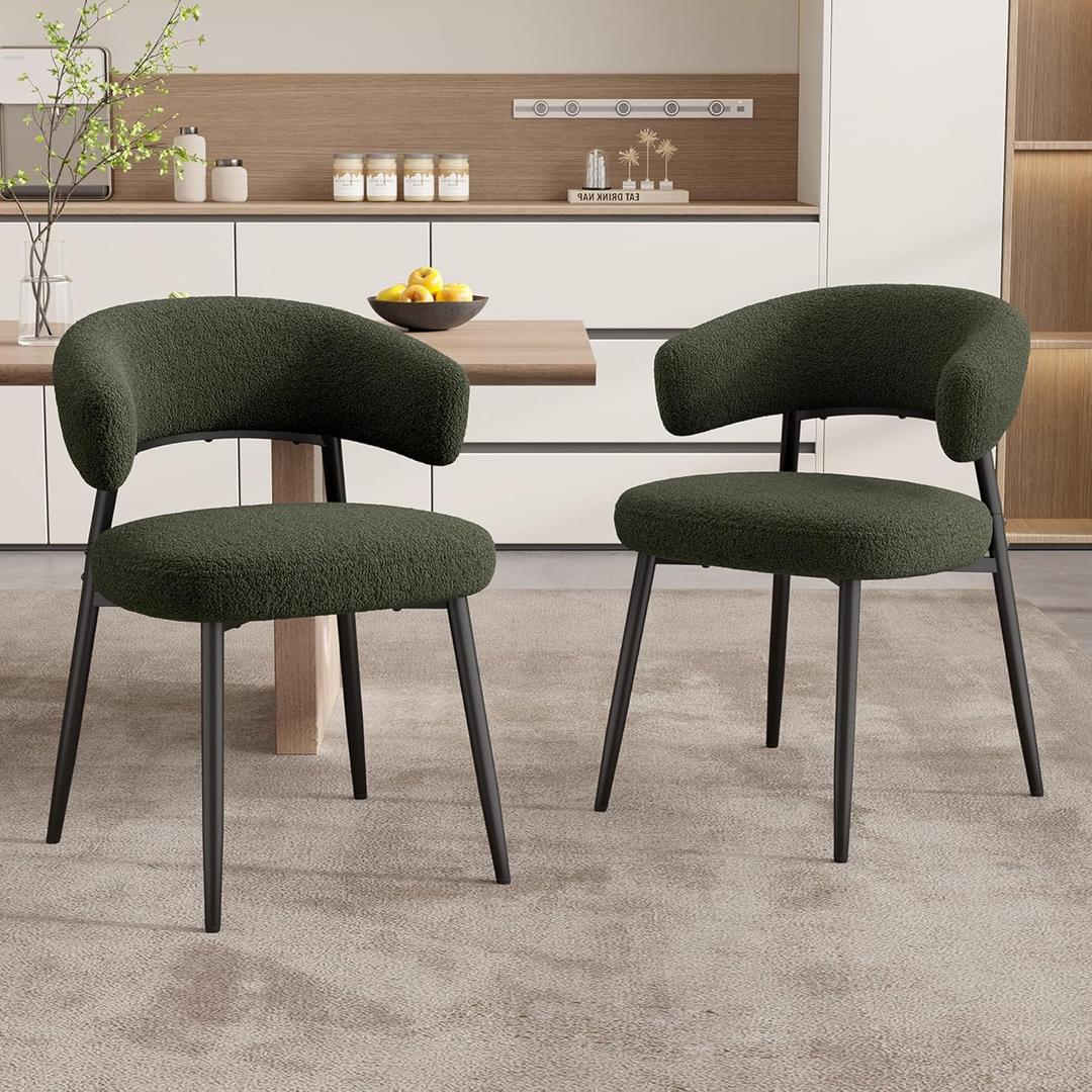 Dining Chairs Set of 2, Mid Century Modern Kitchen Chairs, Boucle Upholstered Dining Chair with Curved Backrest & Metal Legs for Kitchen Dining Room, Green