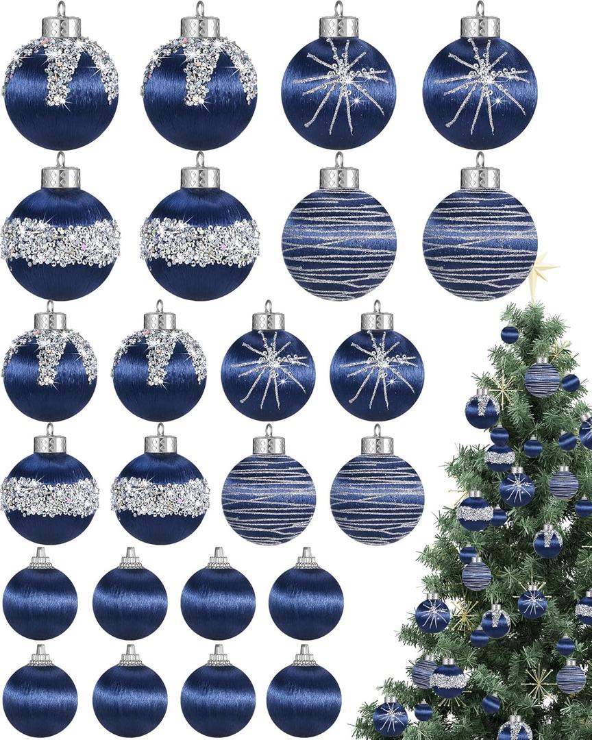Poen 24 Pcs Christmas Balls Ornaments 3 Size Satin Silk Xmas Hanging Ball Decorations Luxury Shatterproof Christmas Tree Decor for Xmas Holiday Wedding Party Decoration(Blue)