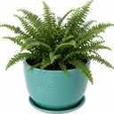 MyGift 7 Inch Round Turquoise Ceramic Plant Pot with Drainage Hole and Attached Saucer, Modern Decorative Embossed Sunburst Planter Container for Indoor Home Garden