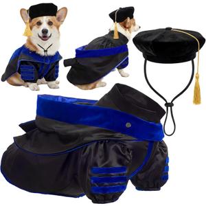 Huhumy 3 Pcs Dog Cat Graduation Doctoral Costume Set, 2026 Pet Phd Graduation Cap and Deluxe Doctoral Gown with Hood Side Tam Puppy Kitty Dogs Grad Holiday Party Costume Accessory(Royal Blue,L)