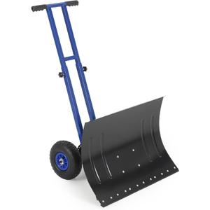 Snow Shovel with 29.13x19.8 in Wide Blade, Heavy Duty Rolling Snow Pusher Shovel with Adjustable Handle and 5-Position Angled Blade for Driveway, Doorway, Sidewalk, Pavement, Black & Blue
