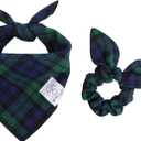 E-Clover Green Dog Bandanas Boy & Matching Scrunchie Set Plaid Scarf Kerchief for Small Dog Puppy Bandana Pet Owner Blue St Patrick Spring