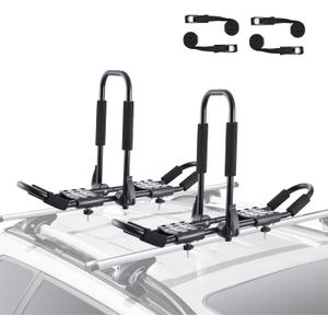 VEVOR Kayak Roof Rack 1 Pair J-Bar, Folding Soft Roof Rack with 4 Pcs Tie Down Straps, Top Mount Tie Down, Carrier for Kayak Surf Board Canoe SUP Ski Board, Mount on Car SUV Truck 2 Kayaks Crossbar