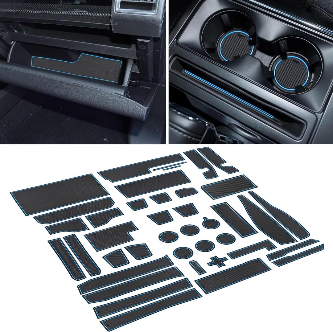 for Ford F150 Accessories 2021 2022 2023 2024 2025 Non-Slip Anti Dust Cup Holder Insert Center Console Liner Trim Door Packet Mats Custom Interior 40-pc Set (Bucket SuperCrew)(Blue Trim)