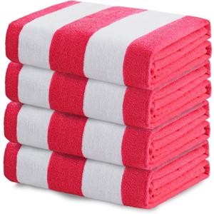 Exclusivo Mezcla Beach Towels Oversized, 4 Pack Lightweight Cabana Stripe Pool Bath Towel Set for Kids and Adults, Extra Large and Absorbent, 30x60 Inches, Red