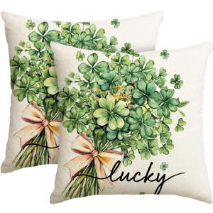 AVOIN colorlife St Patricks Day Lucky Clovers Bouquet Throw Pillow Covers, 18 x 18 Inch Shamrock Cushion Case Decoration for Sofa Couch Set of 2