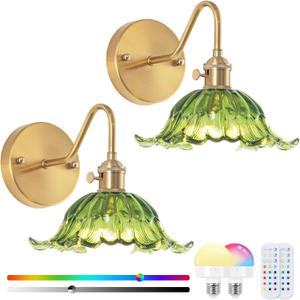 Vintage Battery Operated Wall Sconce Set of 2, Wireless Wall sconces with Magnetic RGB Bulbs, Rechargeable Wall Light with Flower Green Lampshade for Bedroom Living Room Hallway Wall Decor, Green Lily