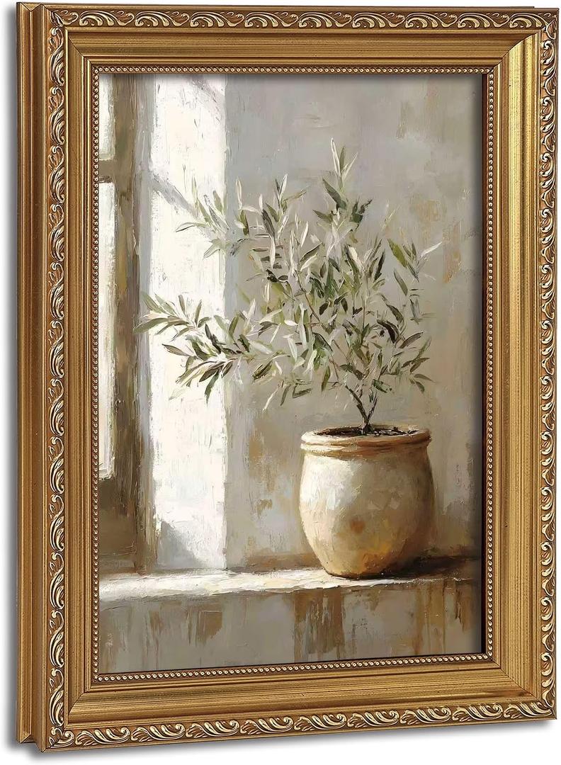 Vintage Gold Framed Wall Art Rustic Olive Branch Still Life Canvas Prints Farmhouse Neutral Potted Plant Paintings Prints for Living Room Bedroom Kitchen 12x16 inch