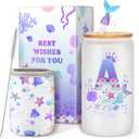 Birthday Gifts for 4 5 6 7 8 9 10 11 12 Year Old Girls Monogrammed Initial Glass Cups,16oz Glass Cups with lid and straw, Personlized Valentine Mermaid Gifts for Kids Girls Purple A
