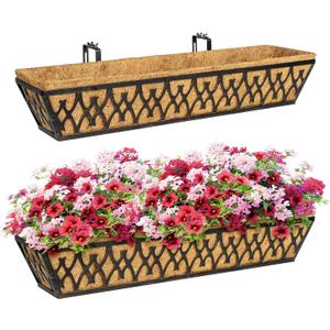 Window Boxes Planters: 2 Pack 30 Inch Railing Planter Box with Adjustable Brackets for Porch Fence Patio Balcony Hanging Flower Baskets with Coco Liners for Outdoor Garden Decor - Bronze