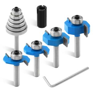 4Pcs Rabbet Router Bits 1/4"" Shank with 6 Bearings Set, 1/16"", 1/8"", 3/16"", 1/4"", 5/16"", 3/8"", Interchangeable Bearings with 1/2"" to 1/4"" Router Collett (A1), Blue