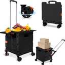 FELICON SELORSS Folding Utility Cart Rolling Crate Tote Basket Box Storage Handcart on 4 Swivel Wheels with Adjustable Handle Extended Magnetic Lid for Teacher Move Shop Travel Grocery Office(Black)
