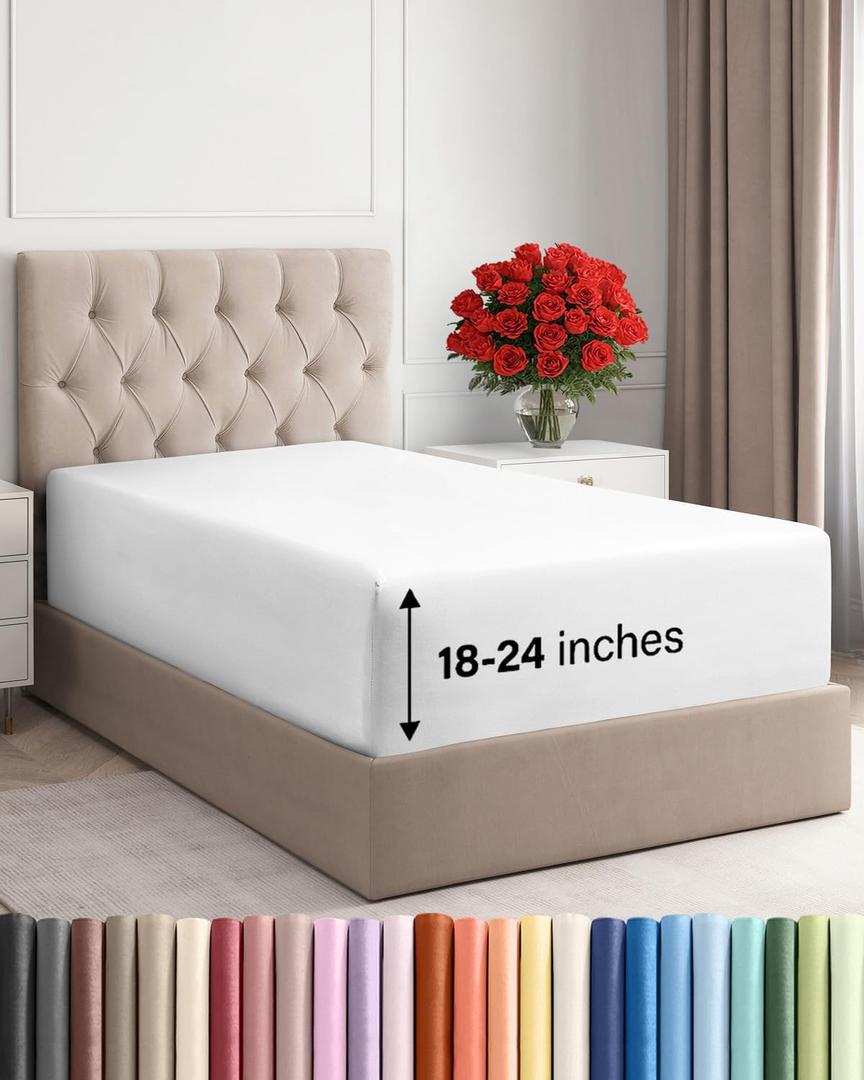Extra Deep Twin XL Fitted Sheet - Hotel Luxury Single Fitted Sheet Only - Easily Fits 18 inch to 24 inch Mattress - Ultra Soft, Wrinkle & Fade Free w/Extra Deep Pockets - Breathable & Comfy - White