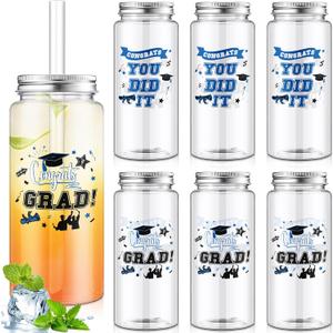 Skylety 24 Pcs Graduation Plastic Cups with Lid and Straws 13. 5 oz Class of 2025 Clear Plastic Tumblers Reusable Coffee Tea Hot Cocoa Beverage Tumbler for Congrats Grad Favors Supplies(Blue)