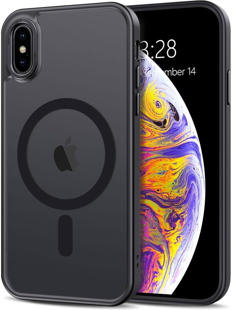 Anuck for iPhone X Case, for iPhone Xs Case Magnetic Phone Case Compatible with MagSafe, Soft TPU Bumper Hard Translucent Matte Back Slim Fit Shockproof Protective Cover for Men Women Girls - Black