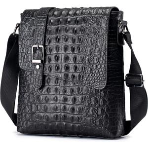 Genuine Leather Flap Mens Shoulder Bags Vintage Crocodile Embossed Messenger Bag for Men Crossbody Adjustable Shoulders Sling for Travel Work Business Handbag (2#-Black)