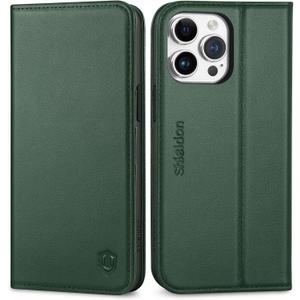 SHIELDON Case for iPhone 15 Pro Max 6.7" 5G, Genuine Leather Wallet Book Magnetic Cover RFID Blocking Credit Card Holder Kickstand Shockproof Case Compatible with iPhone 15 Pro Max - Evergreen