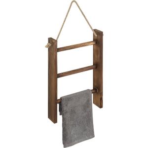MyGift Rustic Dark Brown Wood Wall Hanging 3 Tier Hand Towel Ladder Rack, Bathroom Towel Storage Rack with Top Rope
