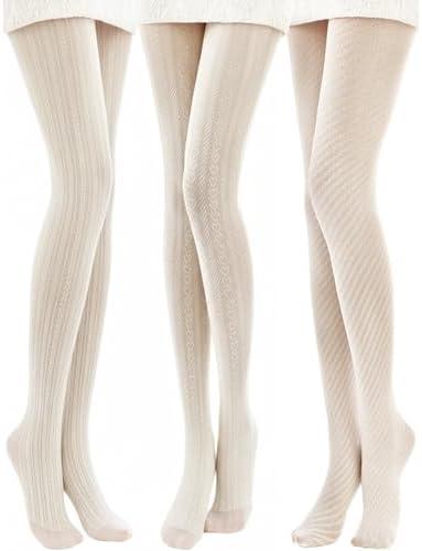 JaGely 1/2/3 Pair White Lace Tights for Women White Fishnet Hollow out Knitted Tights Lolita Stockings Lace Strips Pantyhose, S/M
