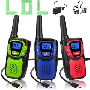 Walkie Talkies for Adults Rechargeable,3 Pack Easy to Use Long Range Walky Talky Handheld Two Way Radio with NOAA for Hiking Camping Skiing(Blue & Green & Red with Micro-USB Charger/Battery)