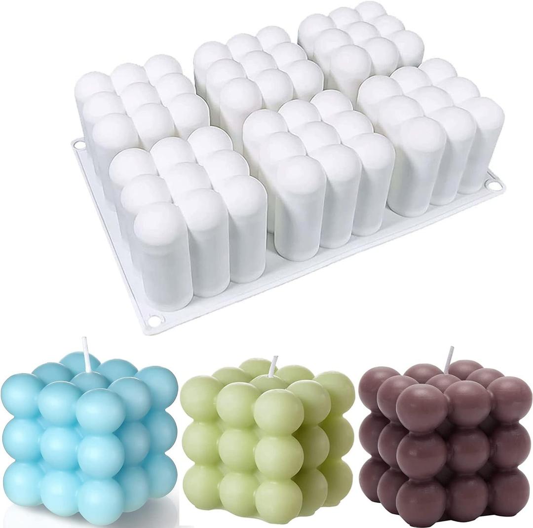 Konrisa Cube Candle Molds, 6 Cavity 3D Bubble Silicone Molds for Candle Making, Cake Mold for Baking Chocolate Dessert Mousse Cake Ice Cream and Making Soap Wax
