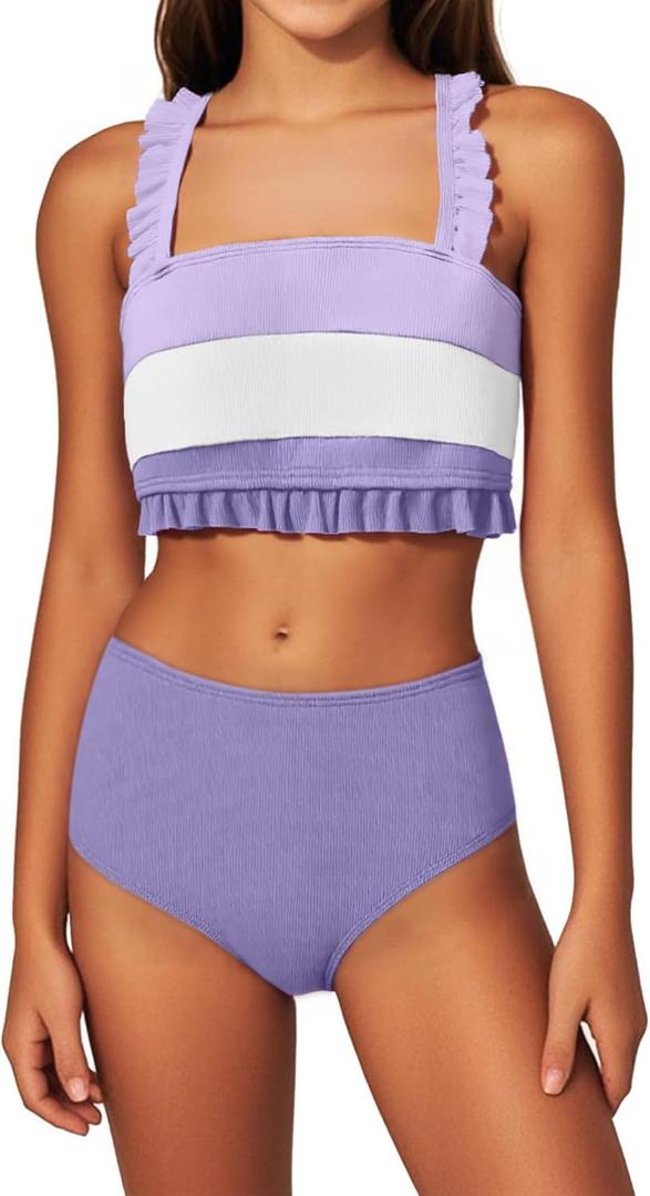 Mioglrie Girls Bathing Suit Kids Swimsuits Teen Tankini Girls' Swimwear Beach Ruffle Tween Bikini Sets Size 7-14 (7-8 Years, Purple)