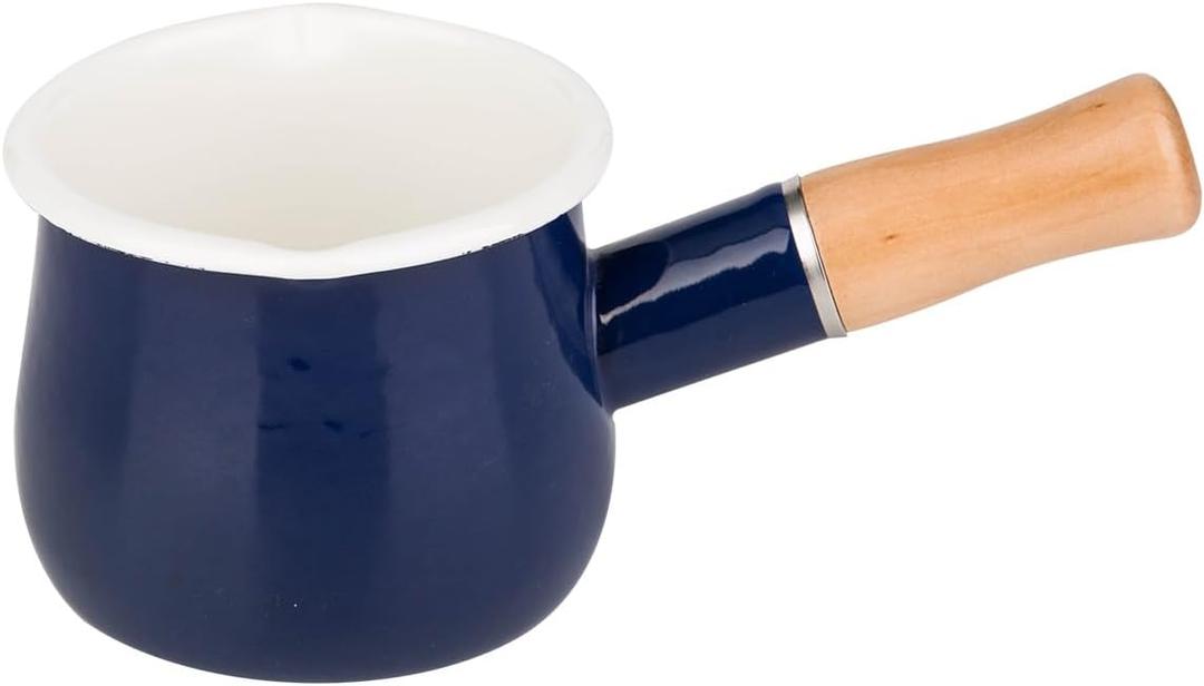 Enamel Milk Pot, Butter Warmer Non-stick Mini Saucepan, 4 Inch 17 Oz Small Cookware with Wooden Handle(Blue)