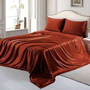 4Pcs Queen Satin Bed Sheets Set Super Quality High Thread Counts Easy Care and Breathable Satin Sheet Set & Pillowcase Fits Mattress Upto 22''Deep Pockets Queen/Red  Satin Bed Sheet Set