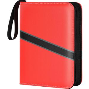 Trading Card Binder 4 Pocket with Zipper & Hand Strap, Holds Up to 400 Cards, PU Leather TCG Binder for Collectors, Red