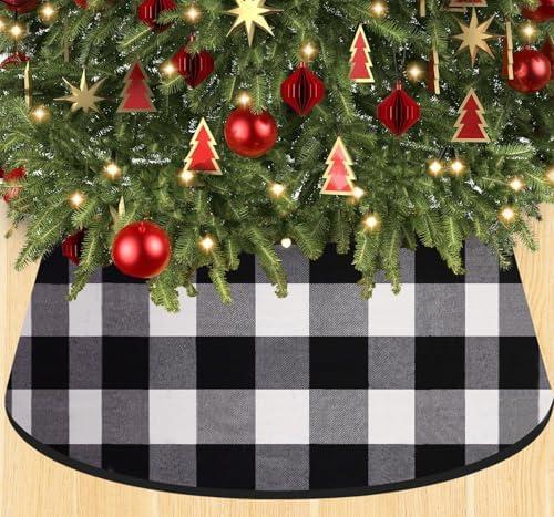 WUPIOS Christmas Tree Collars for Artificial Trees Black Xmas Tree Collar White 28inch Trees Collar Vintage Buffalo Plaid Christmas Tree Collars Large Christmas Tree Skirt for Rustic Farmhouse Xmas