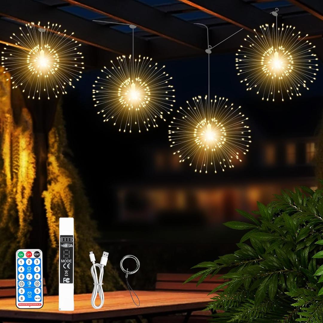 WIND STAR Rechargeable Firework Lights, 480 LED Hanging Starburst String Lights with Remote, 8 Modes for Patio Party Birthday Christmas Indoor Bedroom Decoration