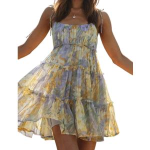 Gihuo Womens Floral Mini Dress Boho Flowy Skater Spaghetti Strap Ruffle Sleeveless Beach Dress 2026 Summer Sundresses (S)