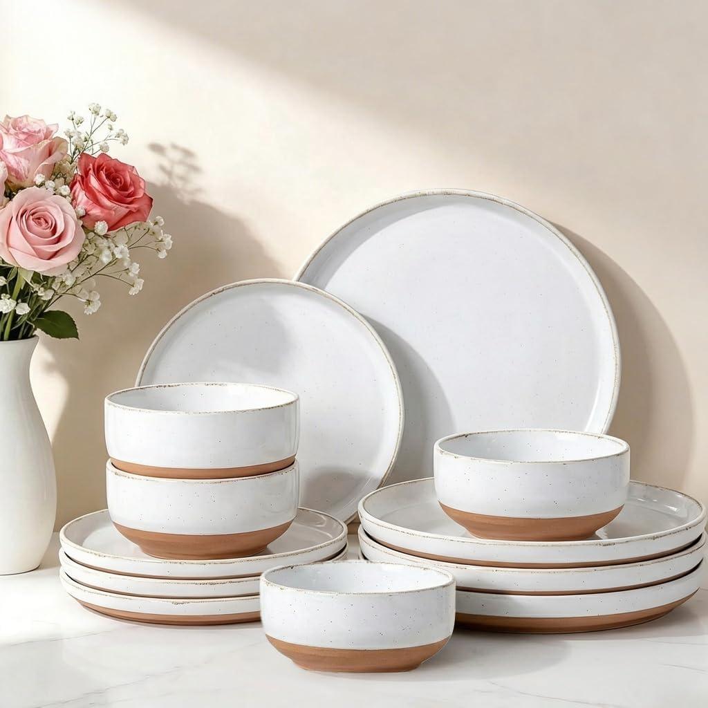 AmorArc Ceramic Dinnerware Sets for 4, 12 Pieces Handpainted Plates and Bowls Set with Rustic Terracotta Underside, Scratch Resistant Stoneware Dishes Set, Dishwasher & Microwave Safe, White