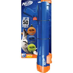Nerf Dog Large Size Tennis Ball Blaster Dog Toy, Great for Fetch, Hands-Free Reload, Launches up to 50 ft, Single Unit, 20in Blaster with 3 Balls in Mesh Bag, Blue/Orange, Blue, Green and Orange