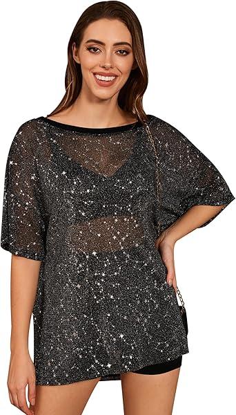 QIANXIZHAN Sparkle and Shine with Women's T Shirt Glitter Sheer See Through Sleeve Mesh Top Tee Blouse S