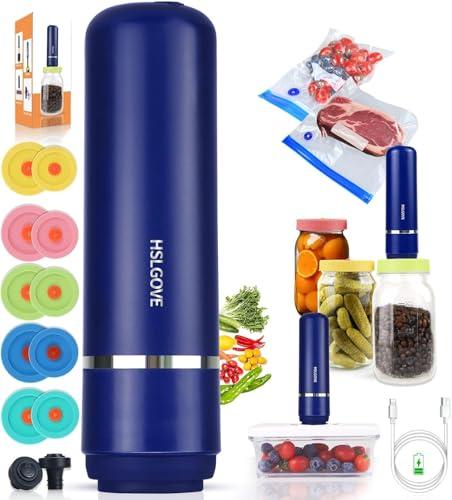HSLGOVE Vacuum Sealer, Handheld Electric Mason Jar Vacuum Sealer Kit, Portable Food Sealer for Canning & Meal Storage, Includes 5 Reusable Bags, Jar Lids & 2 Wine Sealers MatteBlue