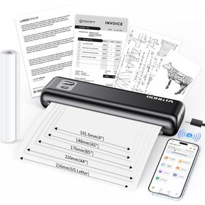 Rongta Portable Printer Wireless for Travel, Thermal Inkless Printers for 8.5"*11" US Letter, Compatible with Android iOS Smartphone, Mac Windows Laptop (Black, 1 Printer + 1 Roll Thermal Paper)