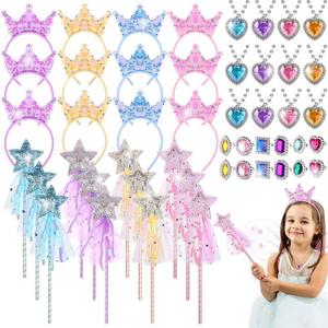 48Pcs Princess Wands Party Favors Glitter Star Fairy Wands Magic Wand Glitter Sequin Headbands Girls Pink Sequins Five-Pointed Star Fairy Stick Princess Ring Necklace Princess Pretend Jewelry Toys