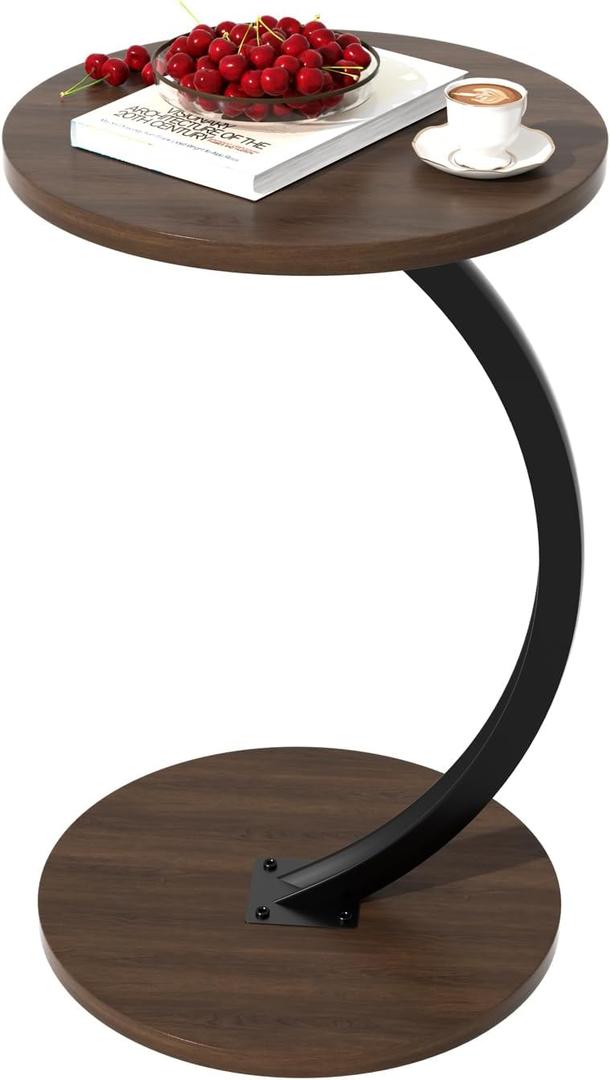 Round Side Table, C Shaped End Table for Couch, Sofa and Bed, Mid Century Modern Small Bedside Table Nightstand for Living Room, Bedroom, Corners and Office(Walnut)