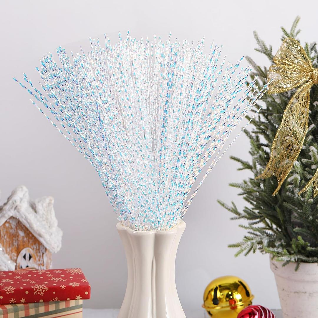 Suncalla 250 Pcs Glitter Christmas Tree Picks and Sprays 19.7 Inch Artificial Spiral Branches Ornaments Glittery Twigs Stems Ting Ting Picks for Xmas Tree Wreath Vase DIY(Iridescent White)