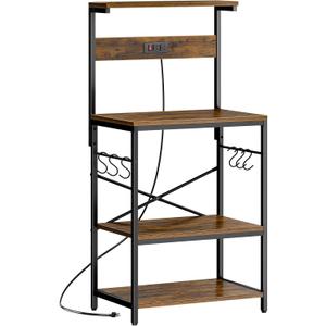SUPERJARE Kitchen Bakers Rack with Power Outlet, Coffee Bar Table 4 Tiers, Kitchen Microwave Stand with 6 S-shaped Hooks, Storage Shelf Rack for Spices, Pots and Pans - Rustic Brown (23.6 inch)