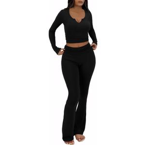 FAIRY SEASON Womens 2 Piece Lounge Sets Slim Fit V Neck Long Sleeve Top Fold Over Yoga Flare Pants Pajamas Loungewear Outfits (Small, Black)