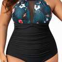 Aqua Eve Plus Size Swimsuit Women One Piece Swimsuit Tummy Control High Neck Bathing Suit Ruched Swimwear (Black Floral) 22W