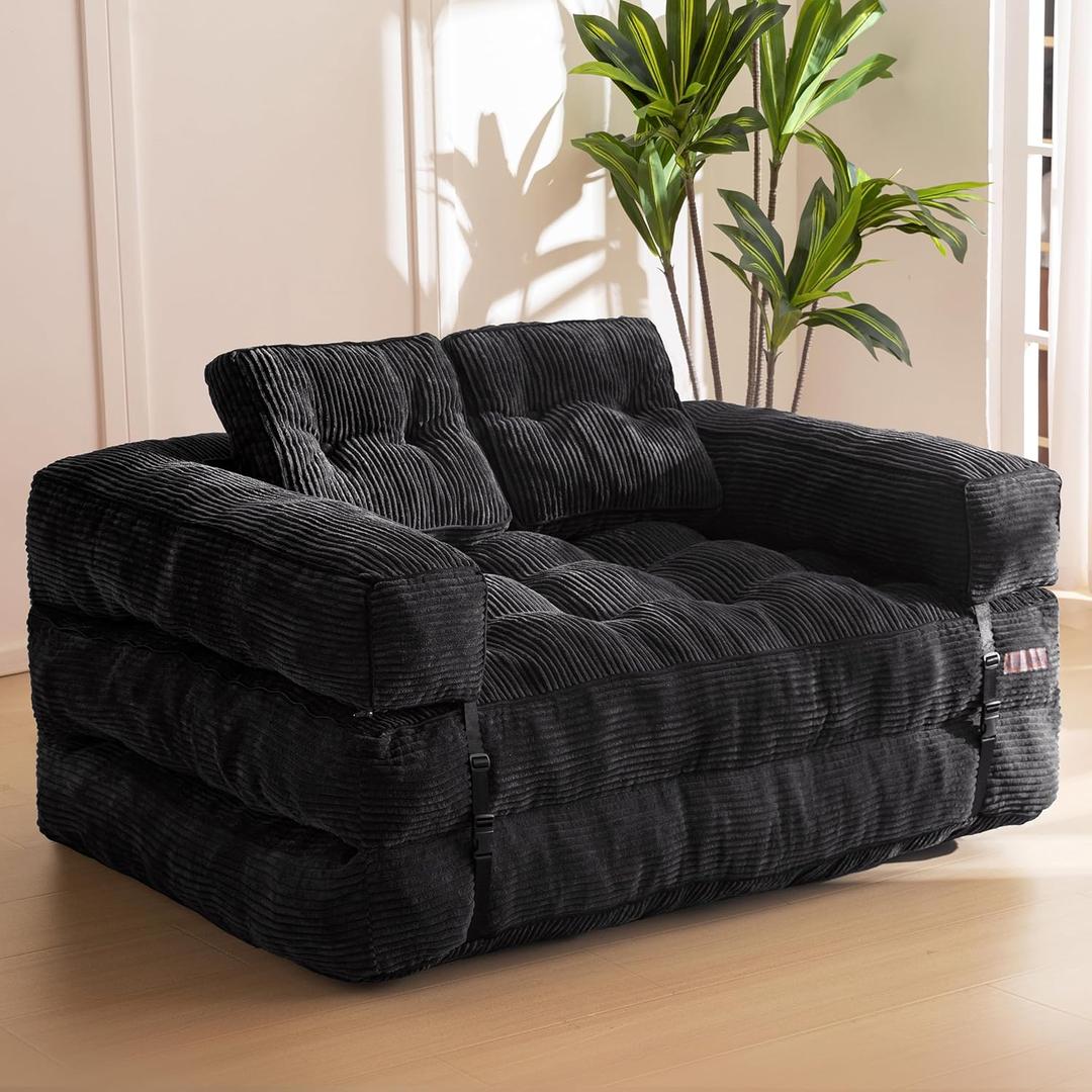 MAXYOYO Folding Sofa Bed, L-Shaped Convertible Sofa Bed with Armrest Foldable Sleeper Couch with Pillow, Portable Fold Out Chair Comfy Floor Couch Lounge for Living Room Bedroom, Black, Double